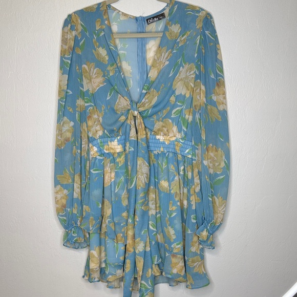 "Bohemian Beach Boutique Blue and Yellow Floral Long Sleeve Dress - Picture 1 of 8